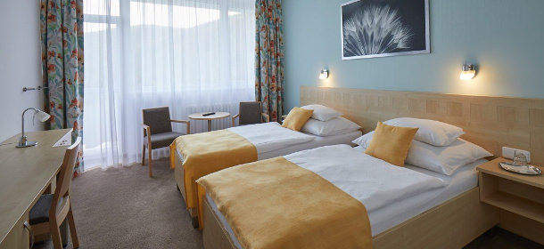 Das Doppelzimmer Kat.Komfort Plus (Beispiel) mit gertennten Betten und Balkon
